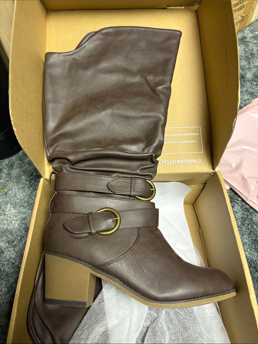 Journee Collection Brown Slouchy Mid-Calf Block Heel Boots with Buckle